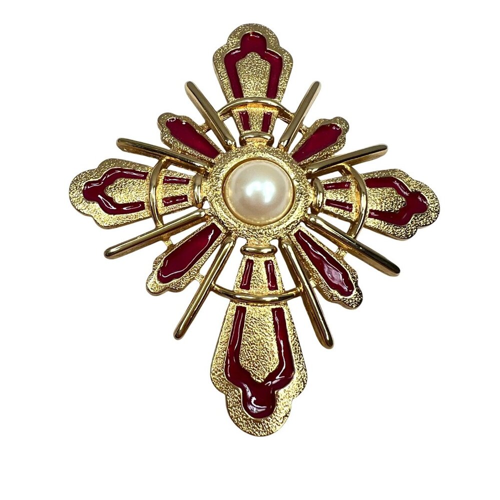 Vintage Monet Maltese Cross Brooch Pin Gold Tone Red Pink 3"